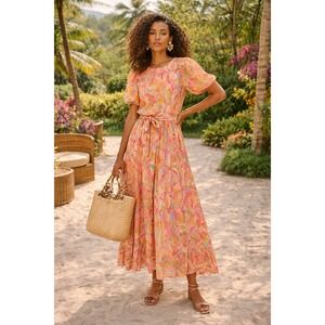 Flying Tomato NWT Floral Pleated Puff Sleeve Midi Dress M Tropical Beach Cruise